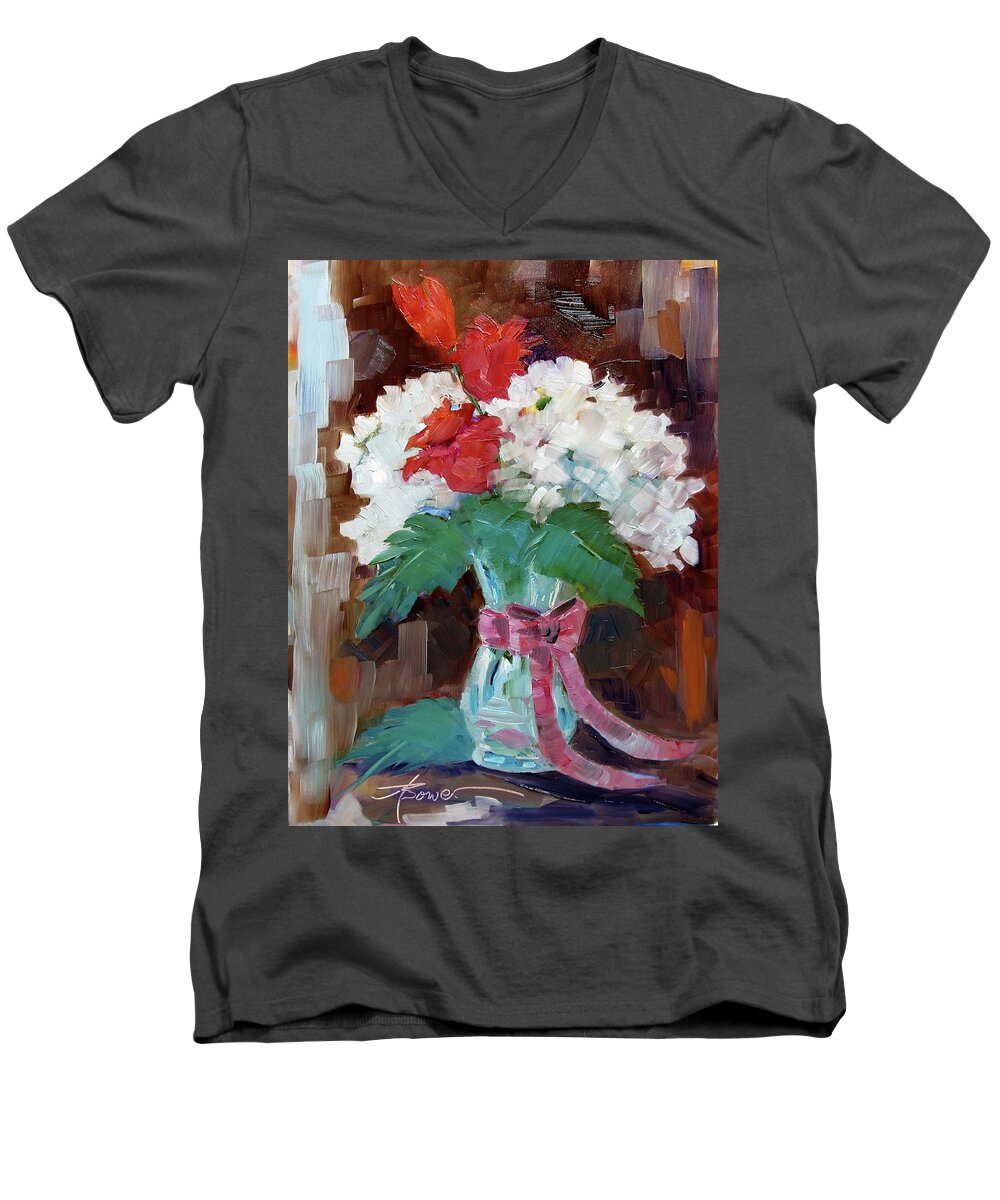Hydrangeas Men's V-Neck T-Shirt featuring the painting One Tulip by Adele Bower
