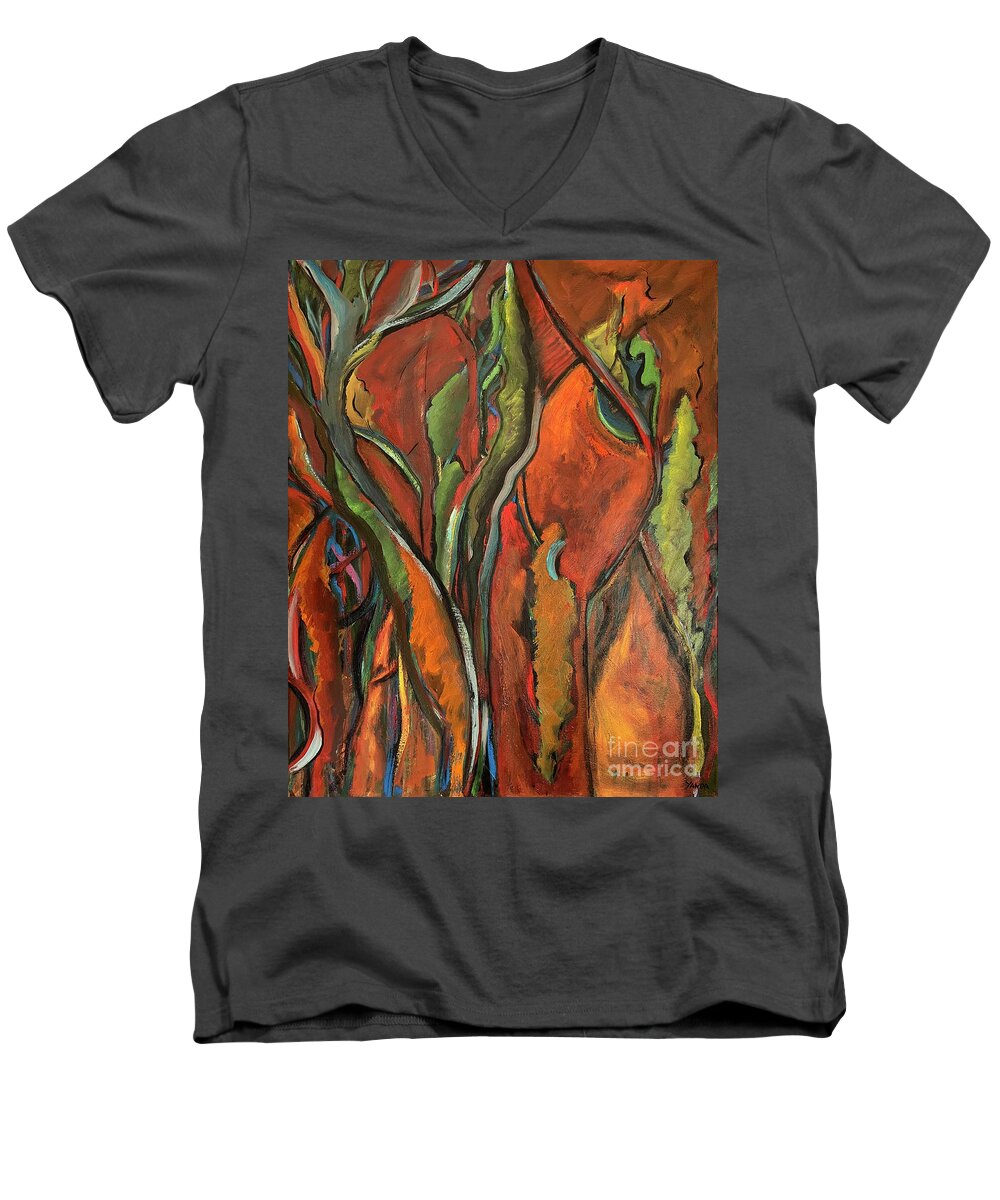 Katt Yanda Men's V-Neck T-Shirt featuring the painting Orange Abstract by Katt Yanda