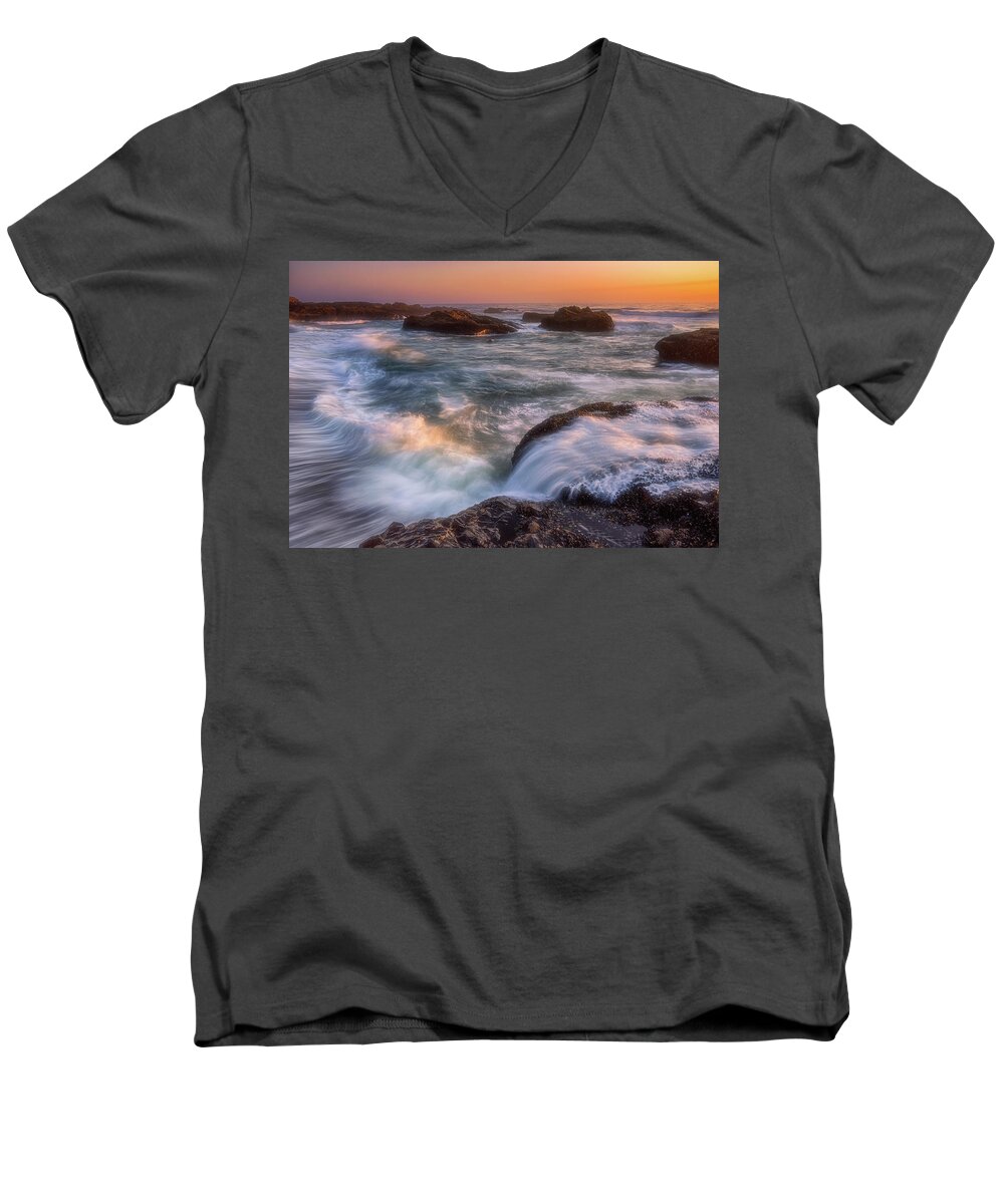 Oregon Coast Men's V-Neck T-Shirt featuring the photograph Overleaf Action - Yachats Oregon by Darren White