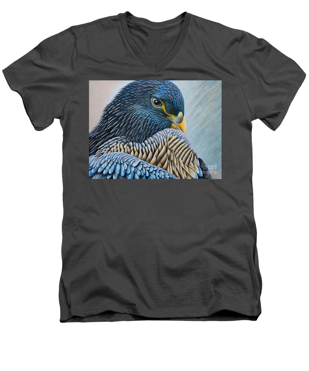 Bird Men's V-Neck T-Shirt featuring the painting Painting Ruffled No2 Peregrine Falcon 2021 bird a by N Akkash
