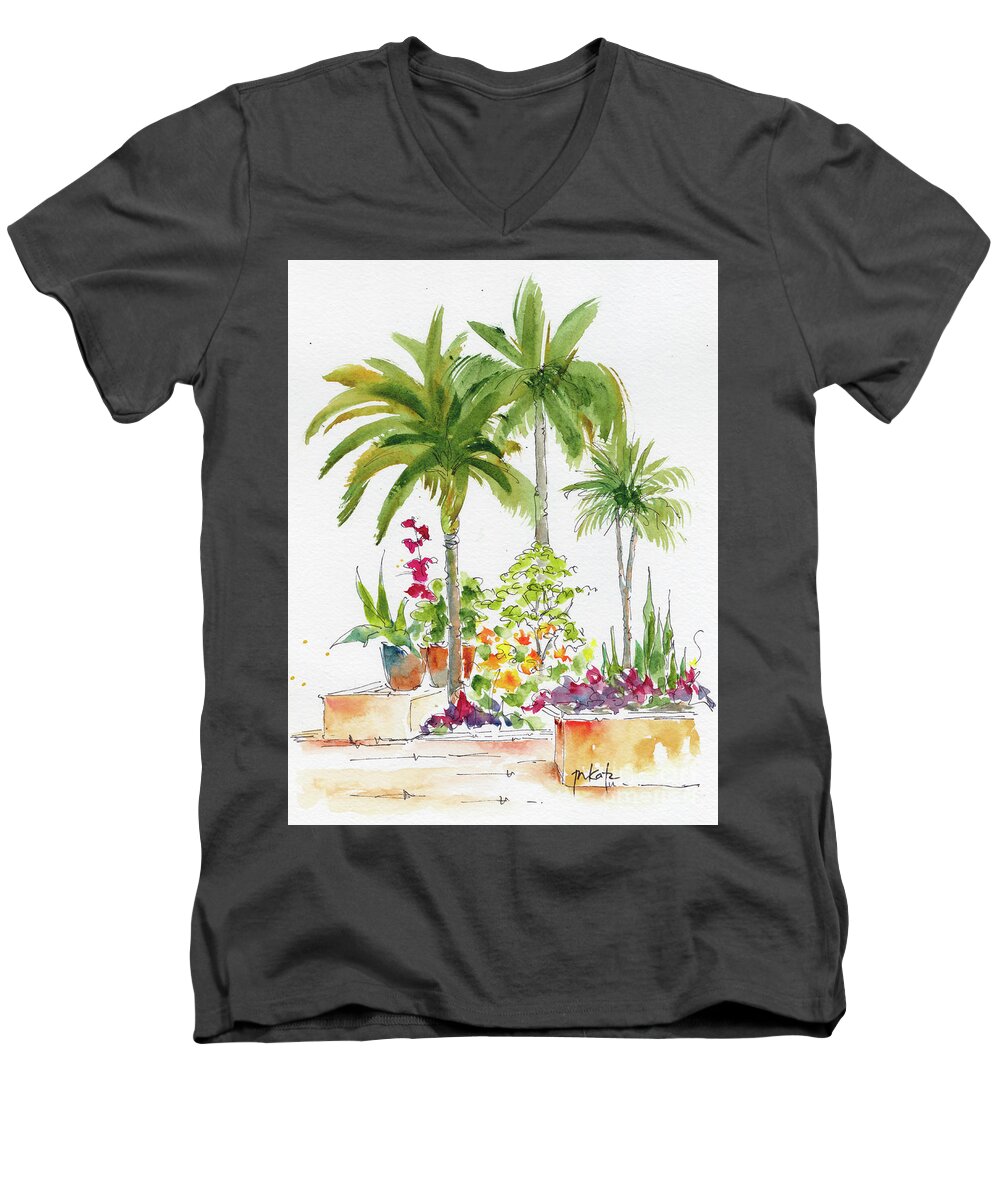 Impressionism Men's V-Neck T-Shirt featuring the painting Palms And Planters Mexico by Pat Katz