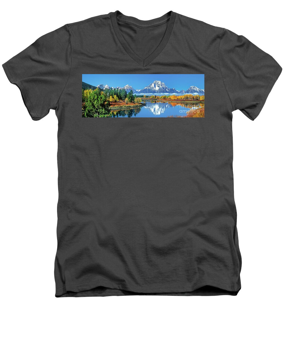 Dave Welling Men's V-Neck T-Shirt featuring the photograph Panorama Oxbow Bend Grand Tetons National Park Wyoming by Dave Welling