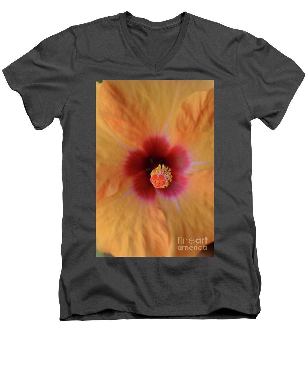 Peach Men's V-Neck T-Shirt featuring the photograph Peach Hibiscus Petals by Mini Arora