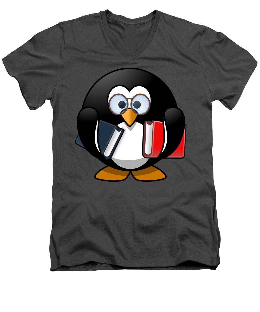 Penguin Men's V-Neck T-Shirt featuring the digital art Penguin Lover Bookworm Gift For Librarian Teacher by Jeff Creation
