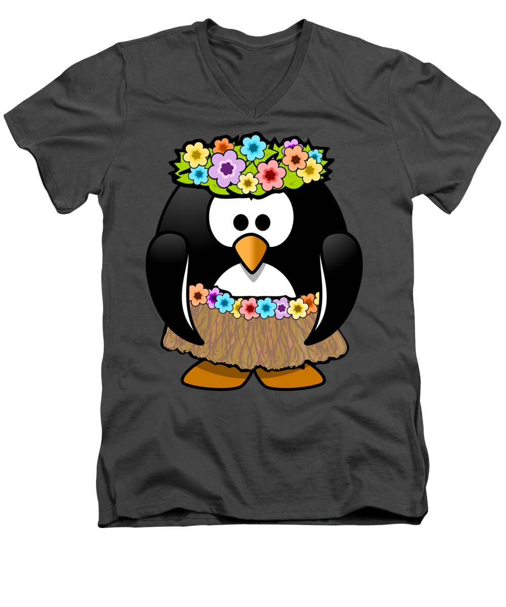 Penguin Men's V-Neck T-Shirt featuring the digital art Penguin Lover Hula Hawaiian Flower by Jeff Creation