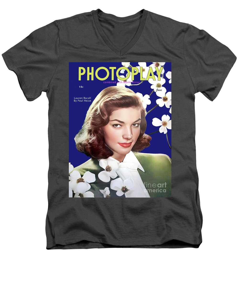 Photoplay Magazine Men's V-Neck T-Shirt featuring the photograph Photoplay Magazine 1945 Vintage Cover with Lauren Bacall by Carlos Diaz