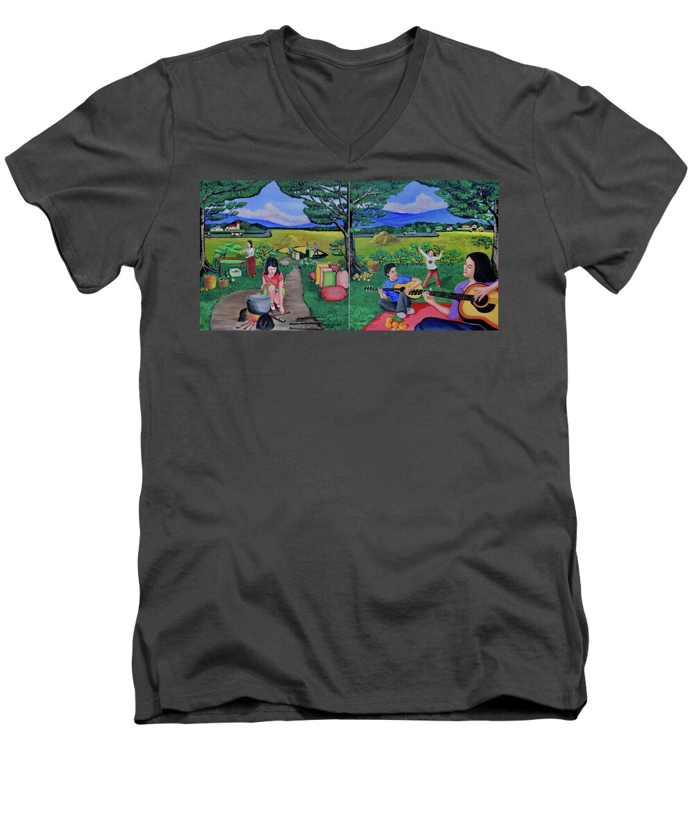 All Products Men's V-Neck T-Shirt featuring the painting Picnic with the Farmers and Playing Melodies under the Shade of Trees by Lorna Maza