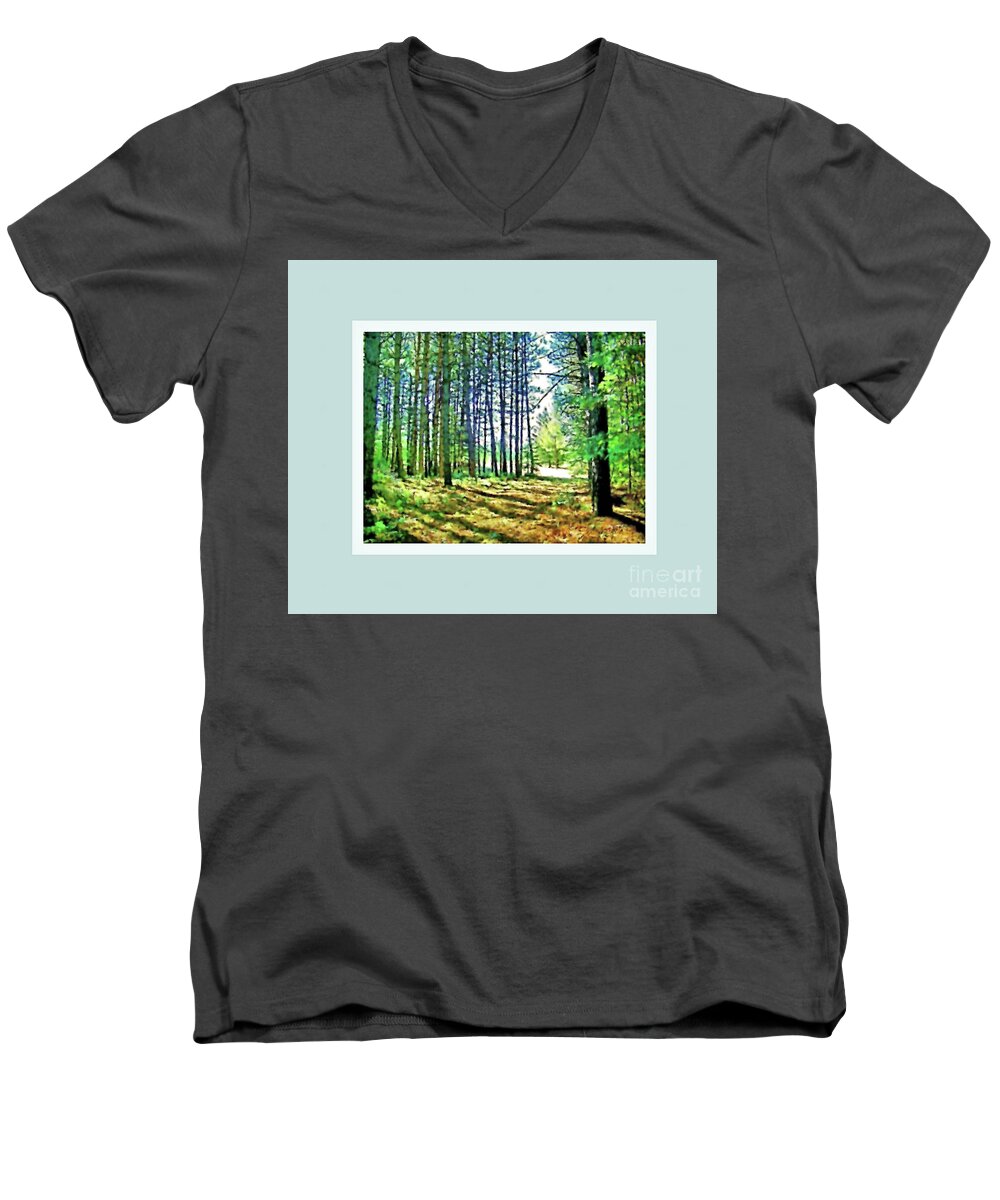 Woods Men's V-Neck T-Shirt featuring the photograph Pine Tree Path by Shirley Moravec