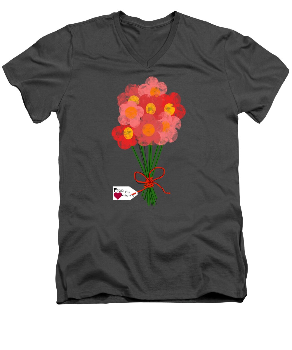 Red Ribbon Men's V-Neck T-Shirt featuring the digital art Pink Flower Bouquet for Valentines Day by Colleen Cornelius