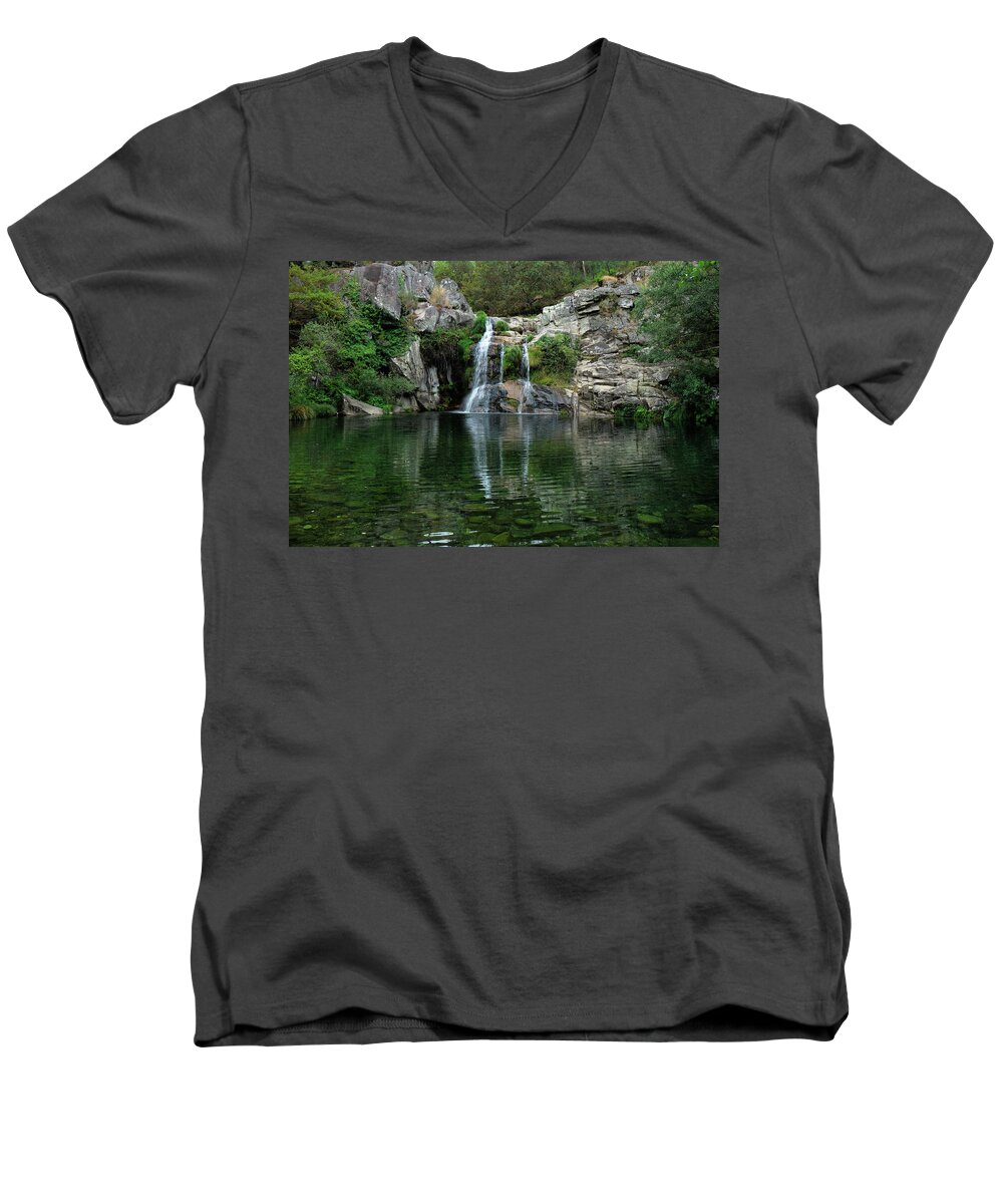 Waterfall Men's V-Neck T-Shirt featuring the photograph Poco Negro waterfall scenery in Carvalhais by Angelo DeVal