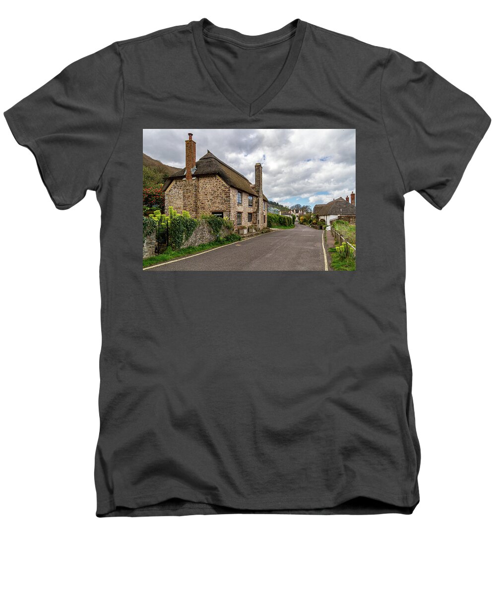 England Men's V-Neck T-Shirt featuring the photograph Porlock Weir cottages by Shirley Mitchell