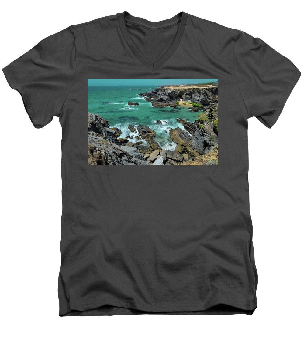 Porto Covo Men's V-Neck T-Shirt featuring the photograph Porto Covo Cliffs 3 by Angelo DeVal