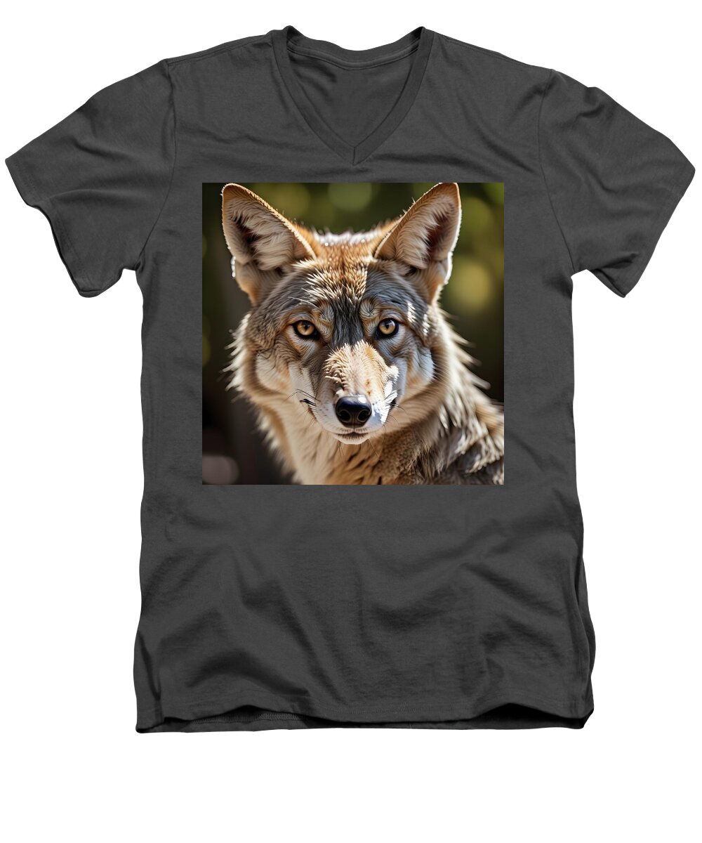 Animal Men's V-Neck T-Shirt featuring the digital art Portrait of a coyote, shown close-up. by Ray Shrewsberry