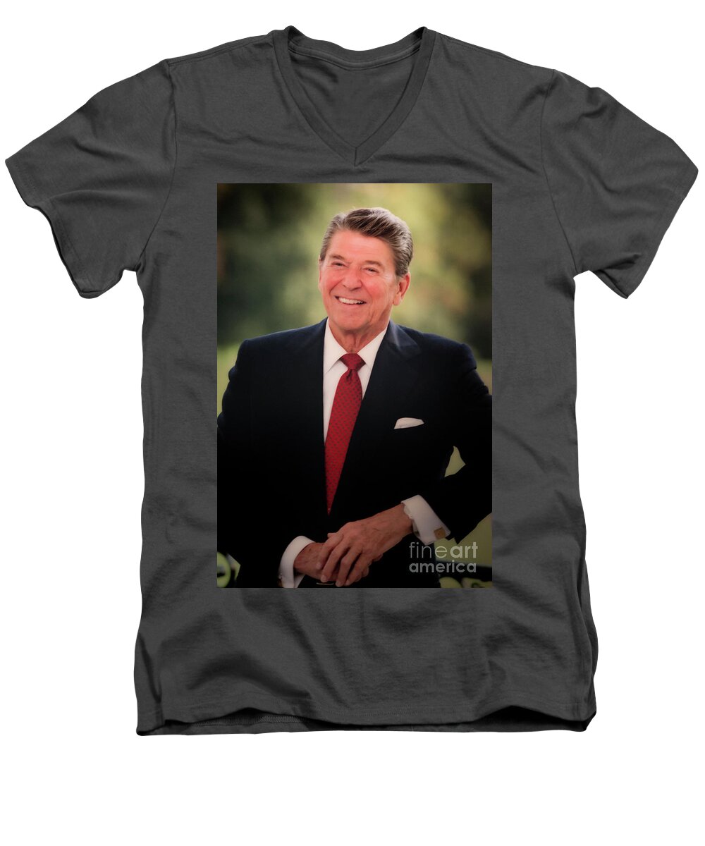 President Ronald Reagan Men's V-Neck T-Shirt featuring the photograph Portrait of Ronald Reagan by Ivete Basso Photography