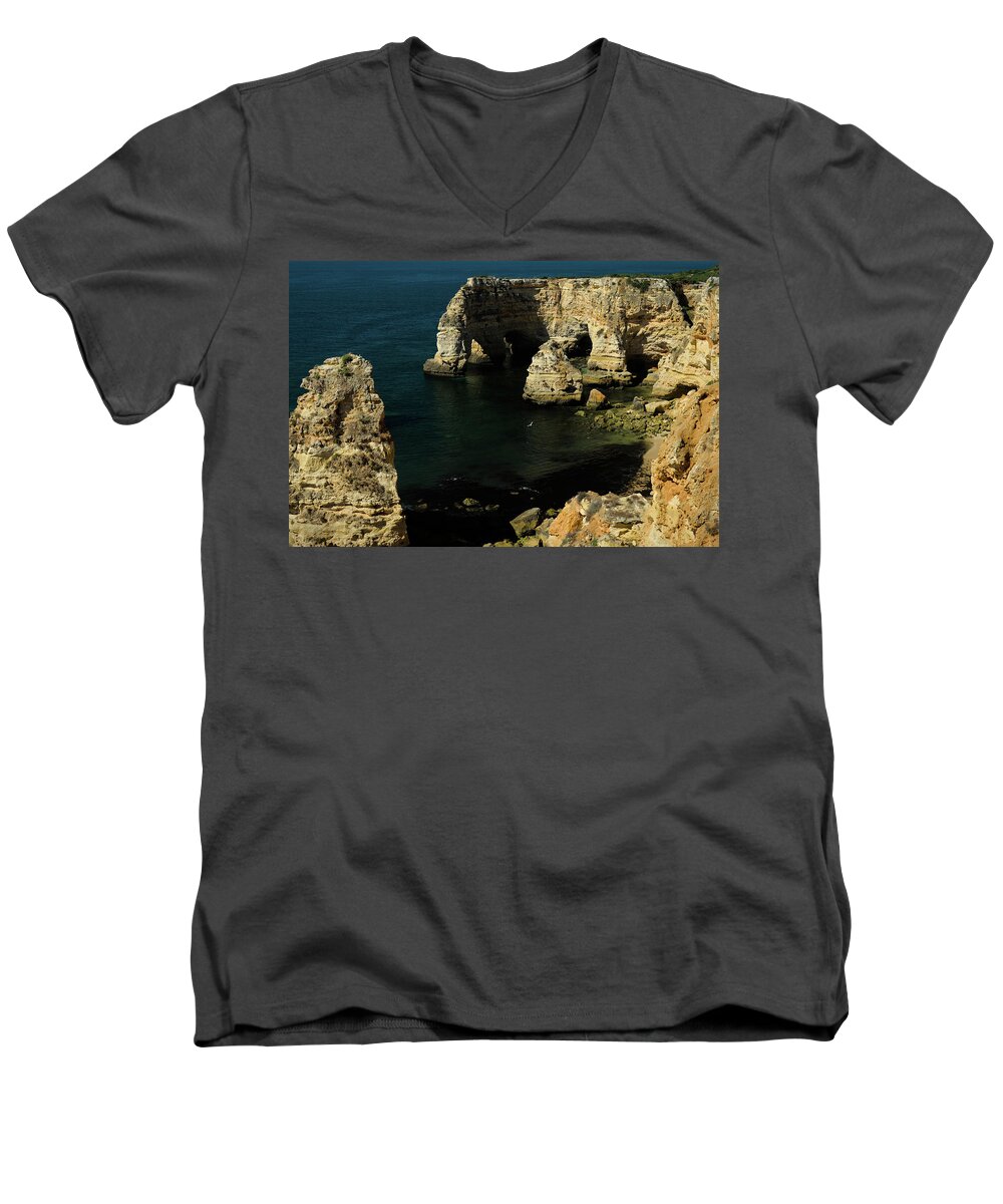 Algarve Men's V-Neck T-Shirt featuring the photograph Praia da Marinha Cliffs and Sea by Angelo DeVal