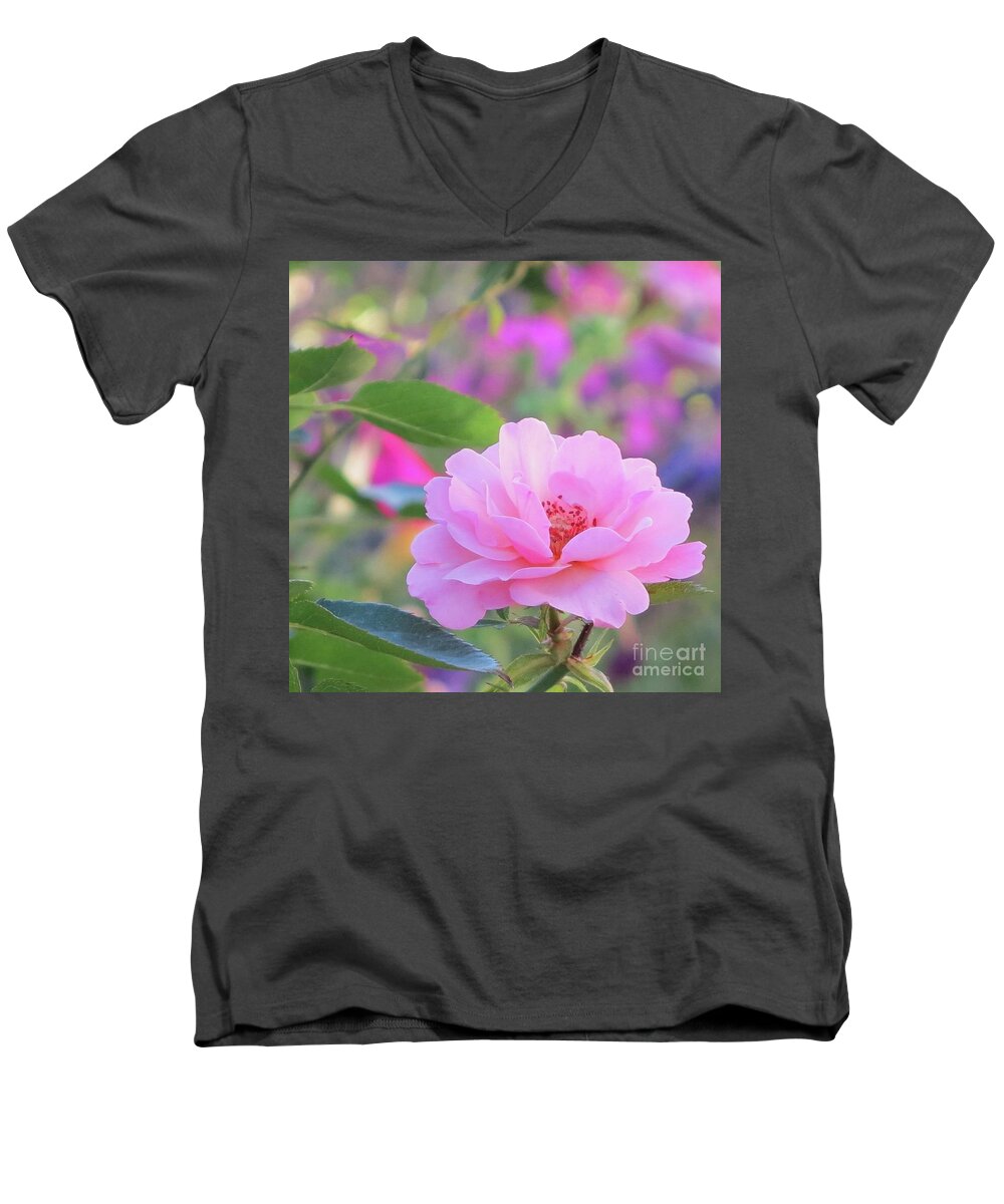 Pink Flowers Men's V-Neck T-Shirt featuring the photograph Pretty Pink Rose by Phyllis Kaltenbach