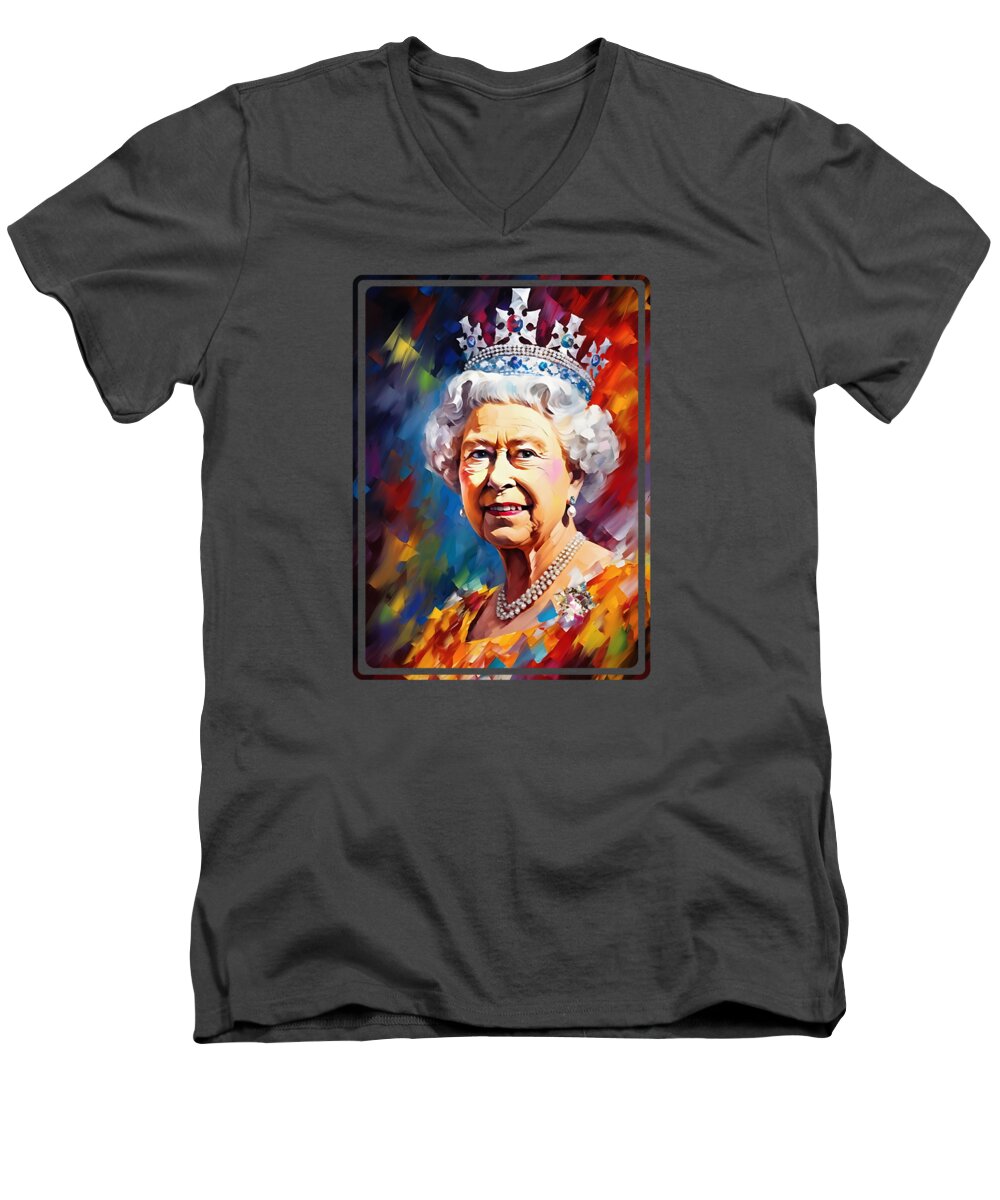  Queen Elizabeth Ii Men's V-Neck T-Shirt featuring the painting Queen Elizabeth II by Mark Ashkenazi