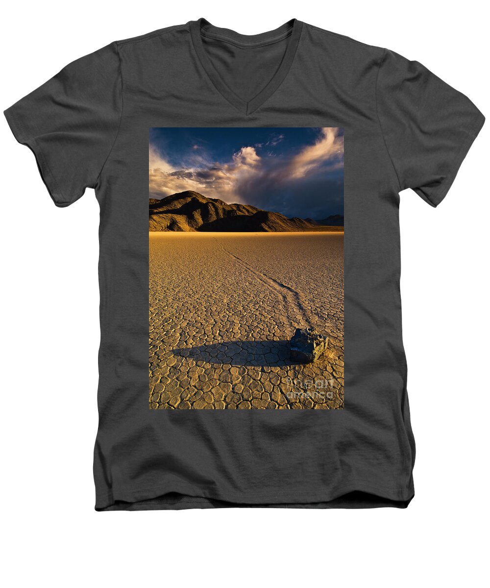 Sliding Rock Men's V-Neck T-Shirt featuring the photograph Racetrack Playa sliding rock, Death Valley, California by Neale And Judith Clark
