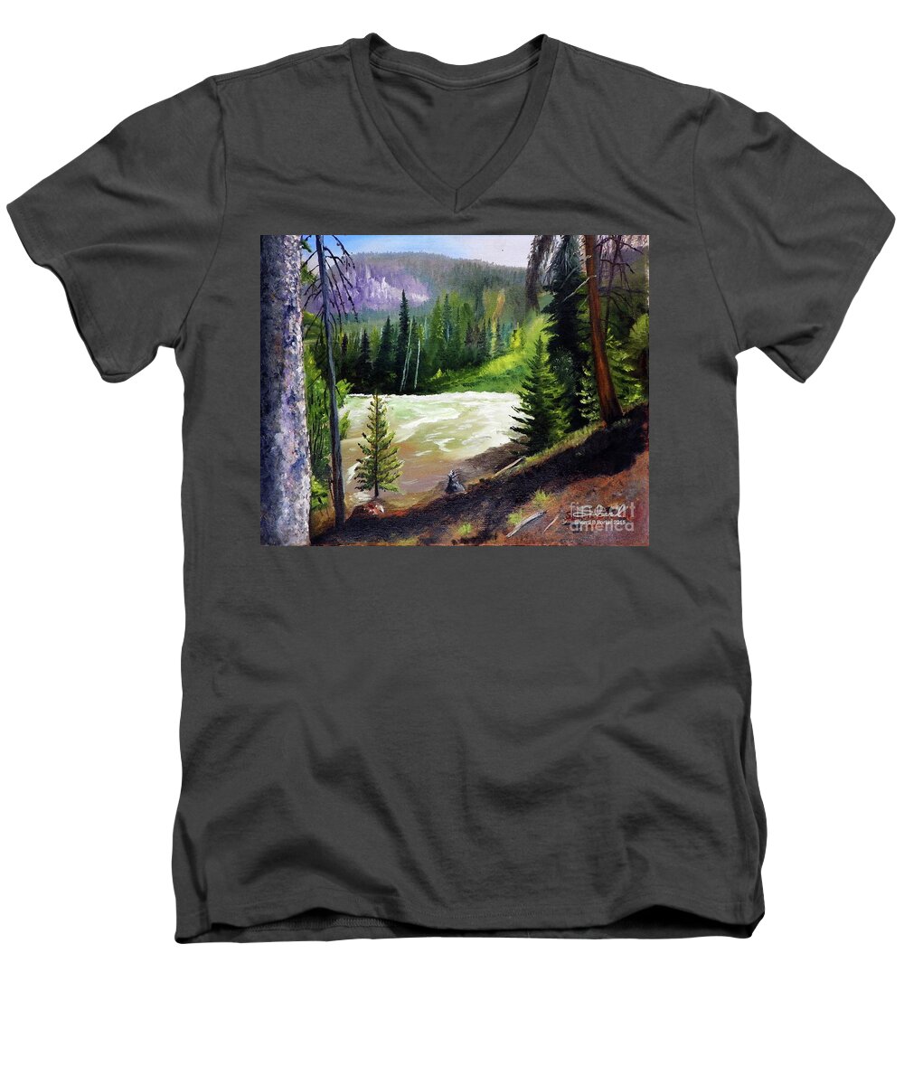Colorful Men's V-Neck T-Shirt featuring the painting Raging River by Sherril Porter