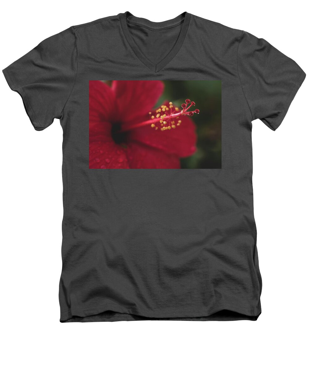 Flowers Men's V-Neck T-Shirt featuring the photograph Rain on Red Hibiscus by Adam Johnson