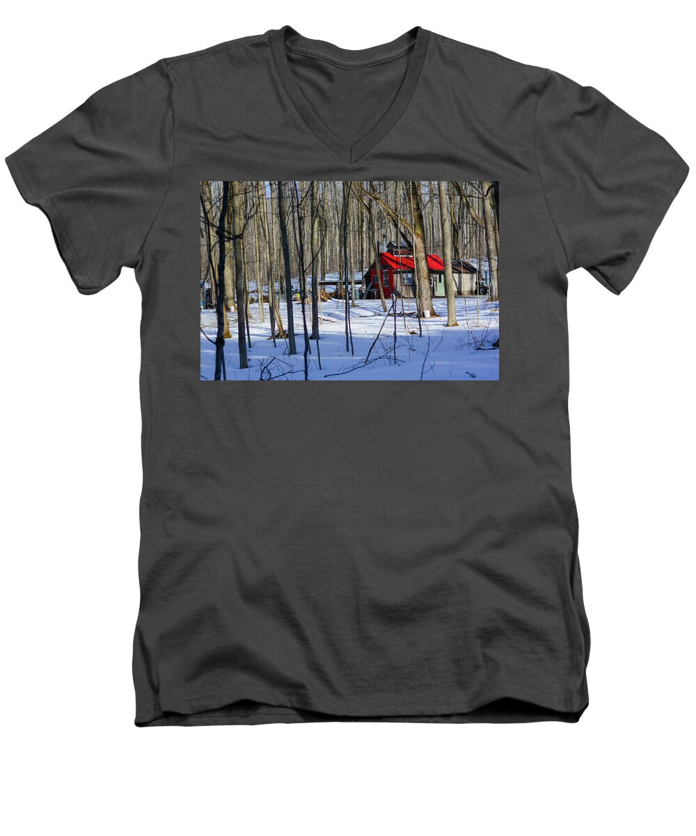 Red Men's V-Neck T-Shirt featuring the photograph Red Cabin in the Woods by James Canning