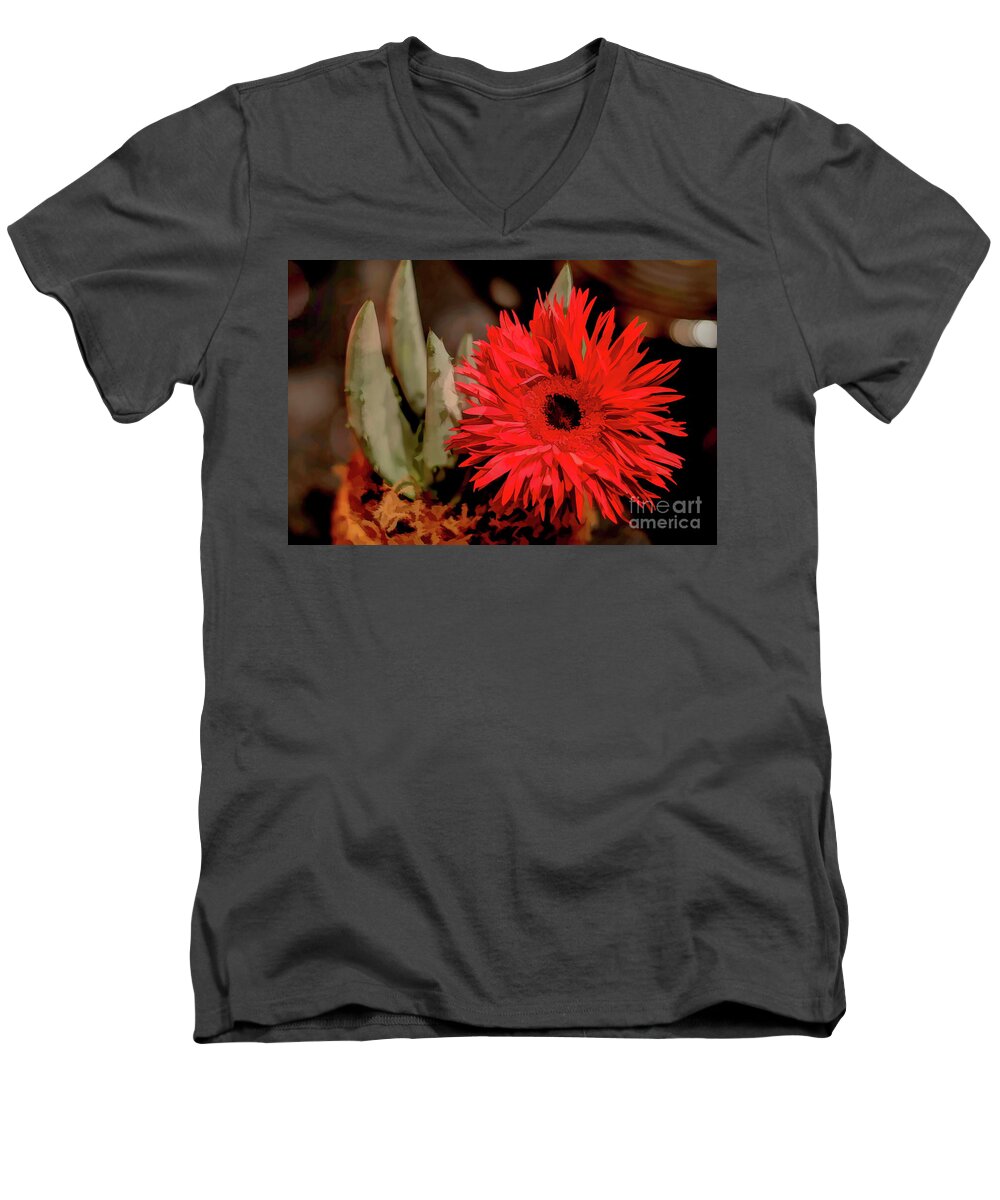 Daisy Men's V-Neck T-Shirt featuring the photograph Red Daisy and The Cactus by Diana Mary Sharpton