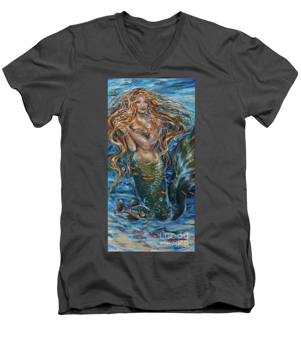 Ocean Men's V-Neck T-Shirt featuring the painting Reef Rhapsody Siren by Linda Olsen