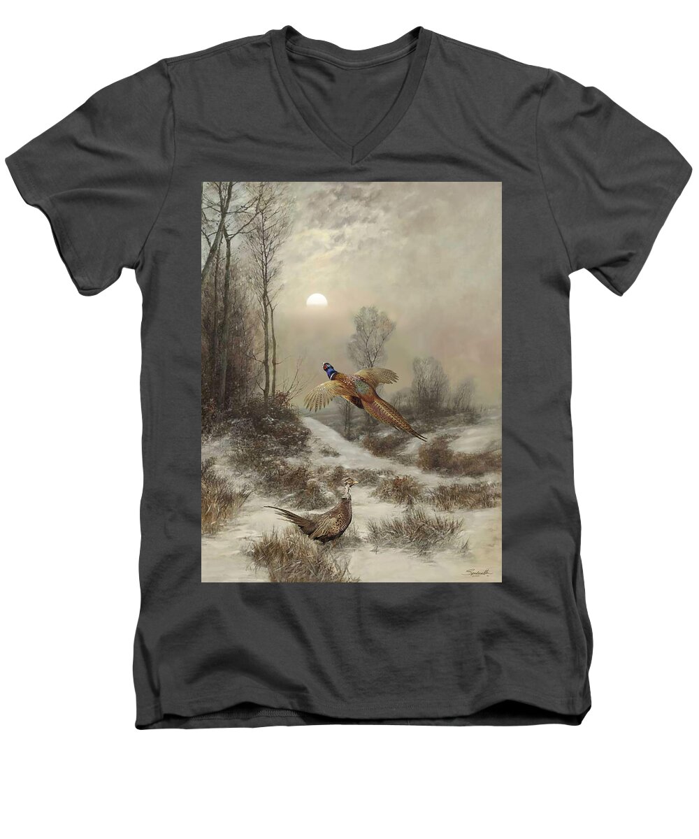 Birds Men's V-Neck T-Shirt featuring the digital art Ring-necked Pheasants at Sunset by Spadecaller