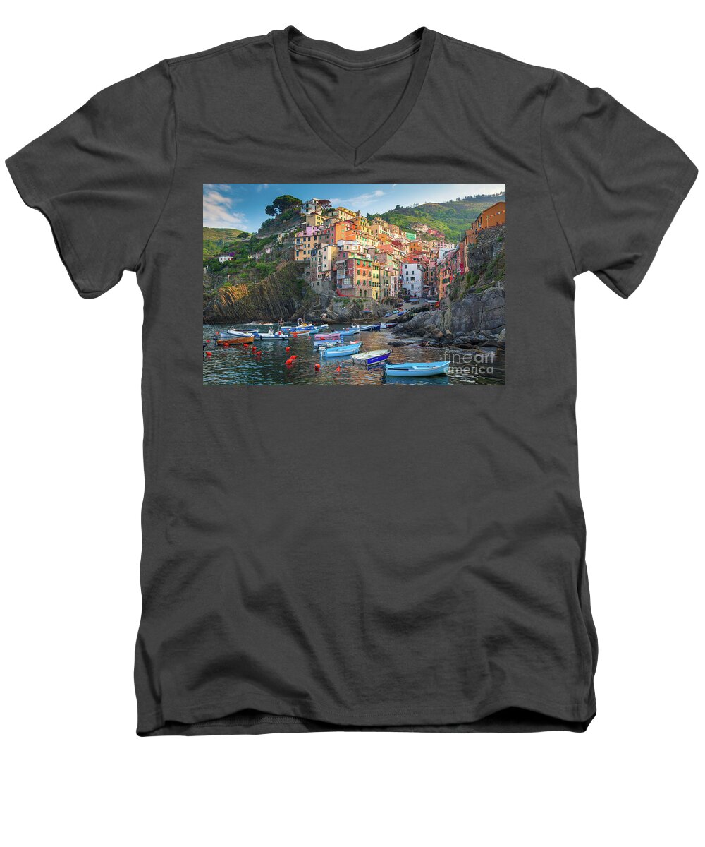 Cinque Terre Men's V-Neck T-Shirt featuring the photograph Riomaggiore Boats by Inge Johnsson
