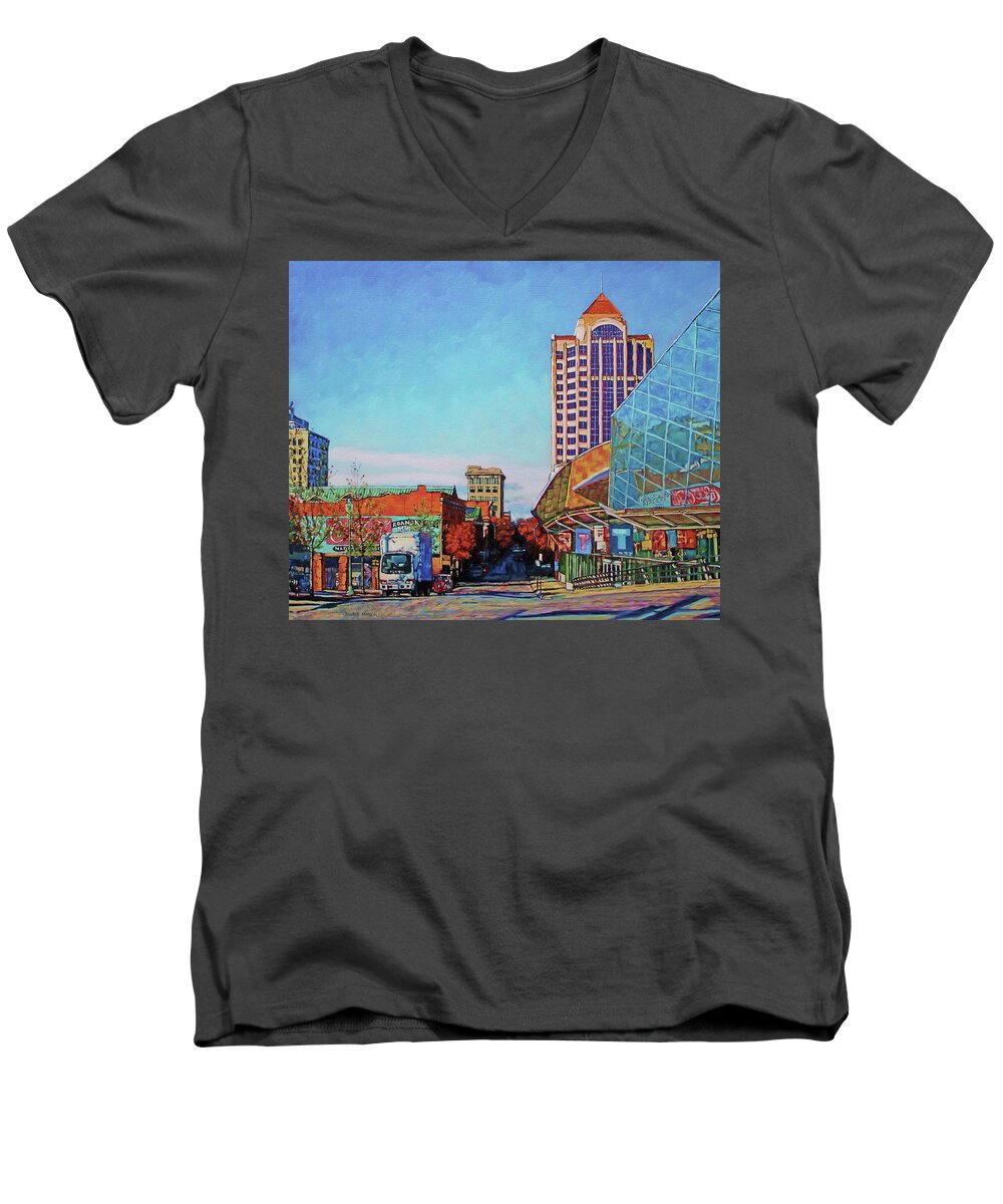 Star City Of The South Men's V-Neck T-Shirt featuring the painting Rise and Shine - Roanoke Virginia morning by Bonnie Mason