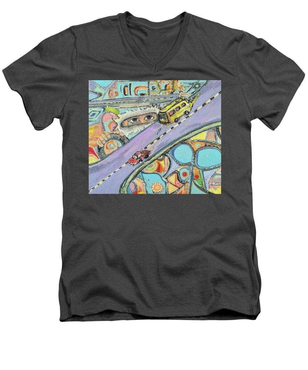 Imagination Men's V-Neck T-Shirt featuring the painting Road Trip by Evelina Popilian