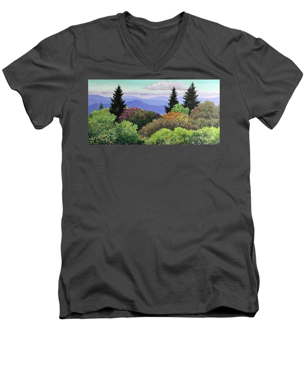 Rhododendron Men's V-Neck T-Shirt featuring the painting Roan Mountain Catawbas by Anne Marie Brown