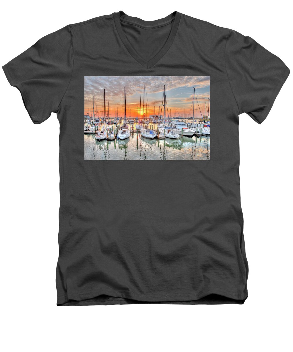 Sunrise Men's V-Neck T-Shirt featuring the photograph Rockport Marina by Maria Nesbit