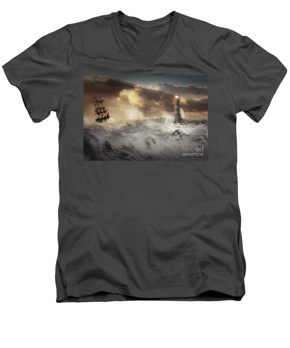 Roker Pier Men's V-Neck T-Shirt featuring the mixed media Roker Pier and Lighthouse of Long Ago by Morag Bates