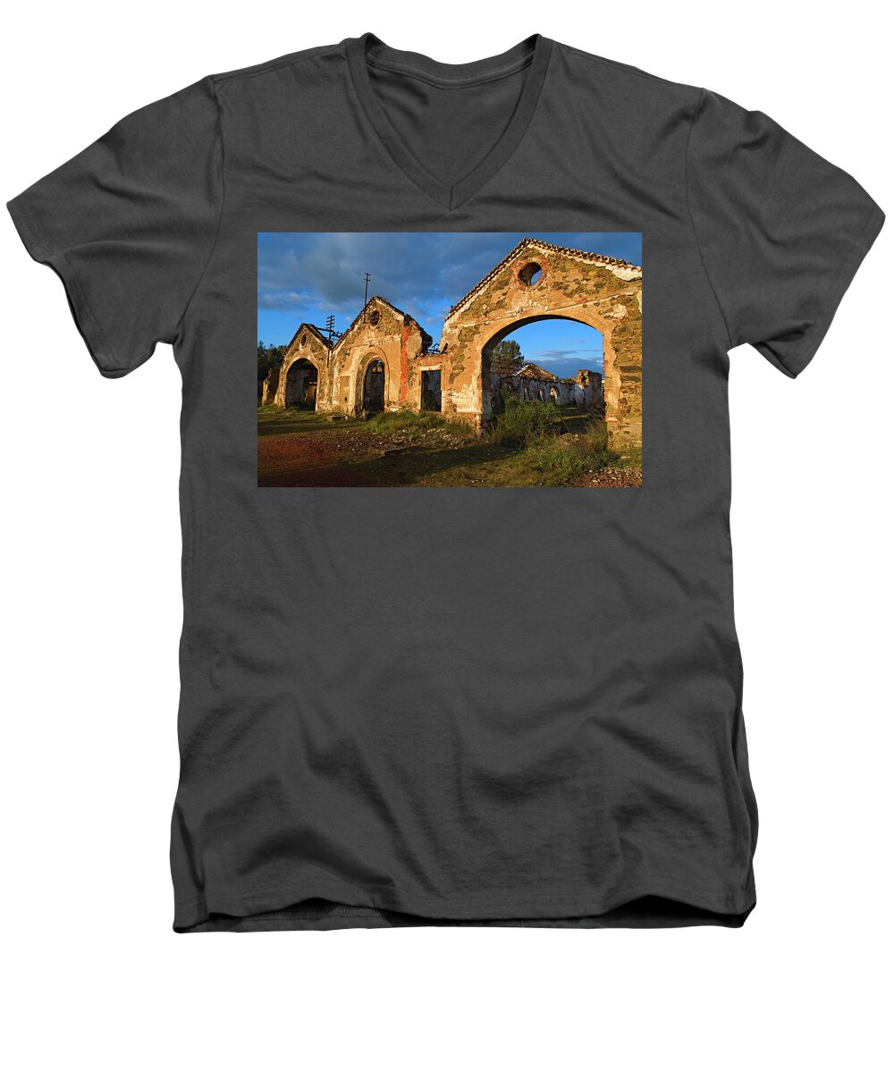 Mertola Men's V-Neck T-Shirt featuring the photograph Ruins of the abandoned mine of Sao Domingos. Portugal by Angelo DeVal