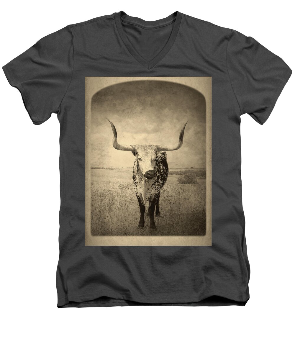 Longhorn Men's V-Neck T-Shirt featuring the photograph Rustic Longhorn Vintage Style photograph by Ann Powell