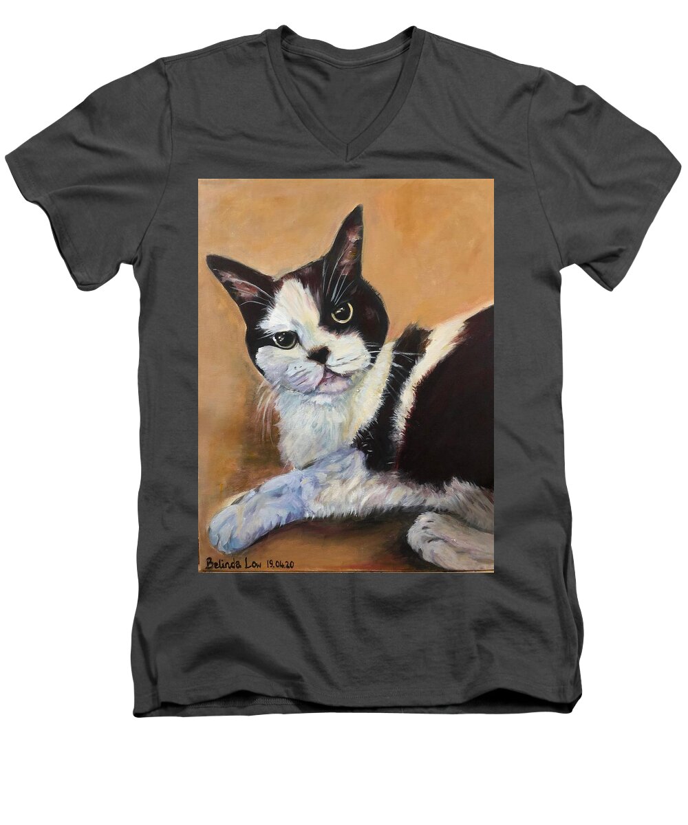 Cat Men's V-Neck T-Shirt featuring the painting S A S H A by Belinda Low