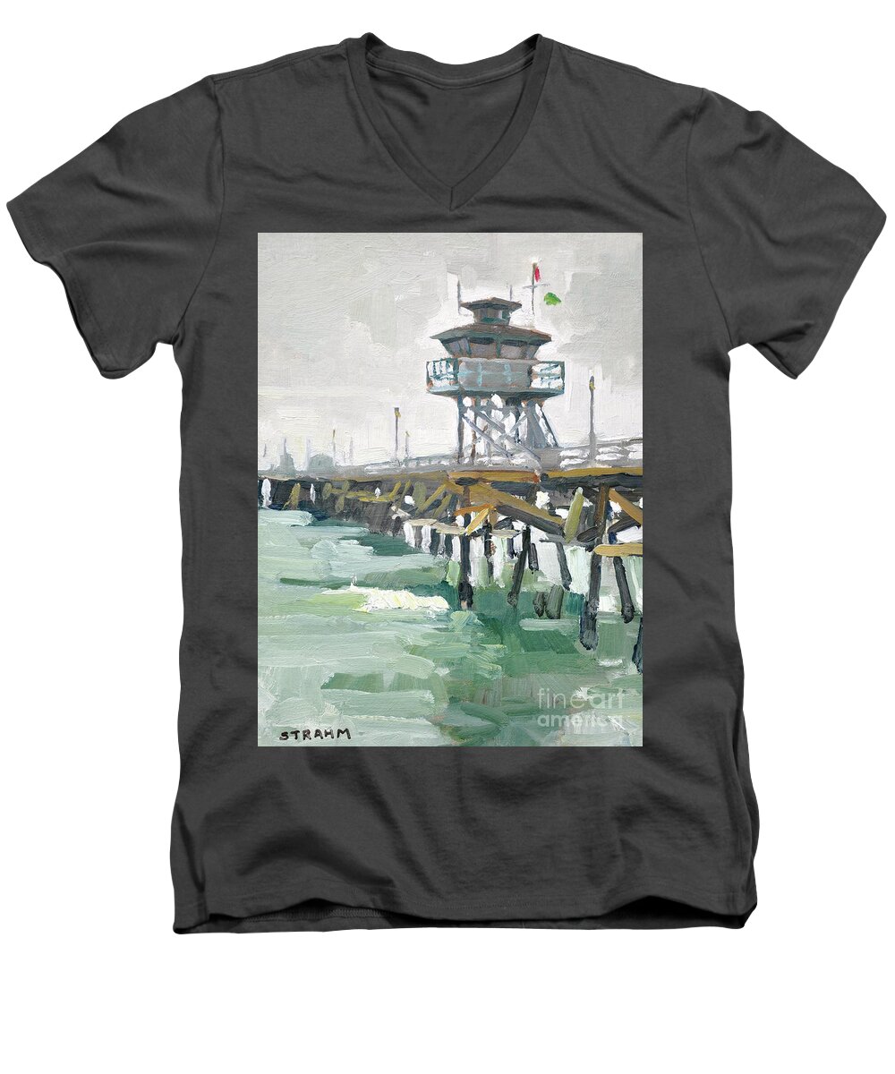 San Clemente Men's V-Neck T-Shirt featuring the painting San Clemente Pier - San Clemente, California by Paul Strahm