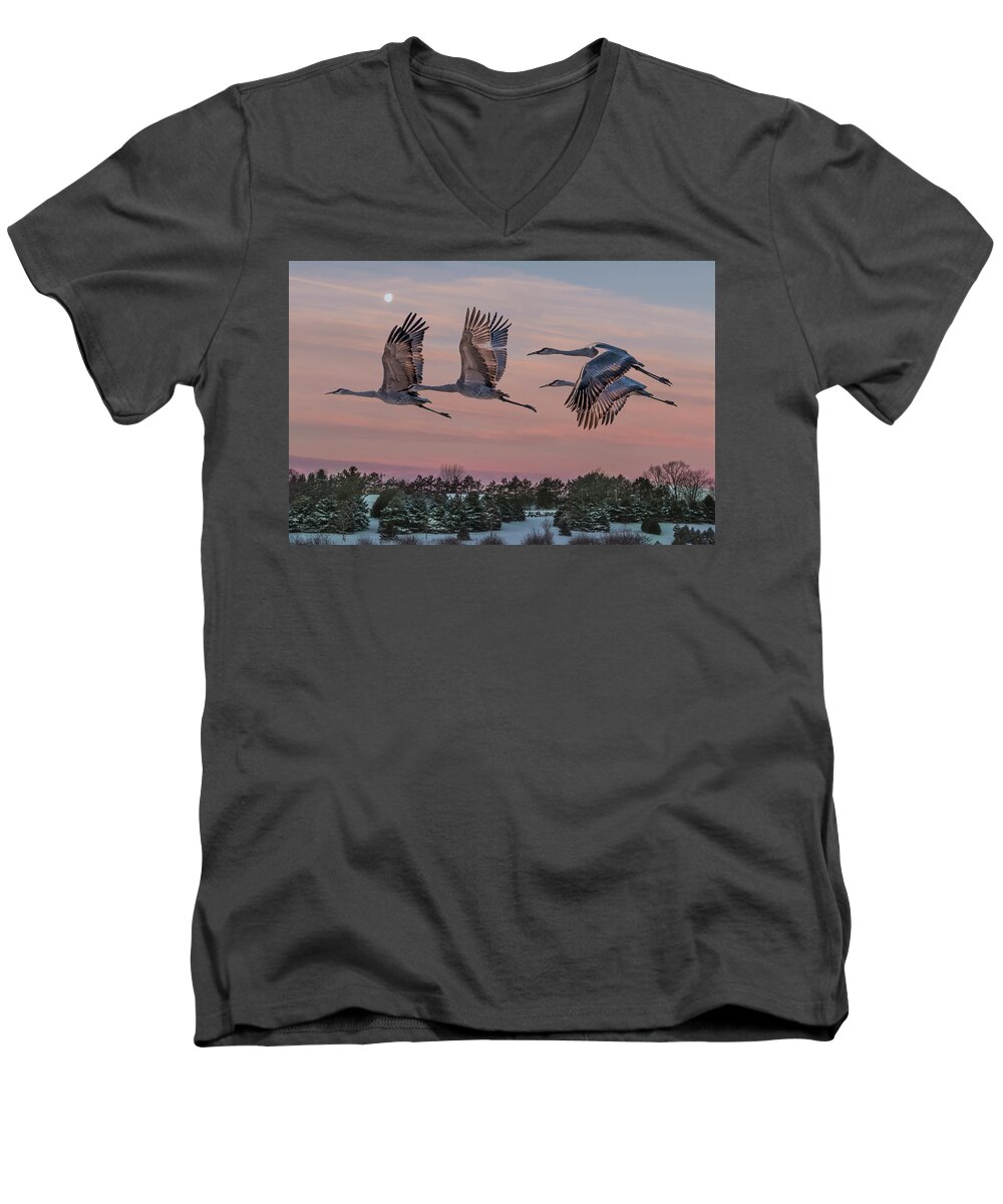 Sandhill Crane Men's V-Neck T-Shirt featuring the photograph Sandhill Cranes in Flight by Patti Deters