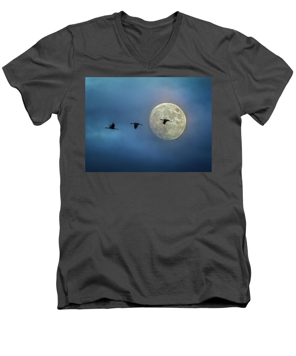 Sky Men's V-Neck T-Shirt featuring the photograph Sandhill Cranes with Full Moon by Patti Deters