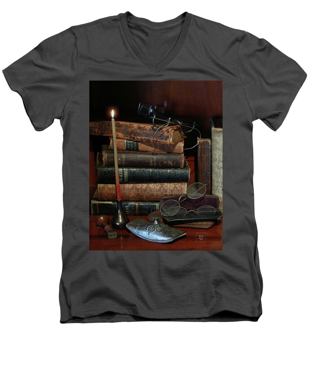 Still Life Men's V-Neck T-Shirt featuring the photograph Scholar's Attic by Yvonne Wright