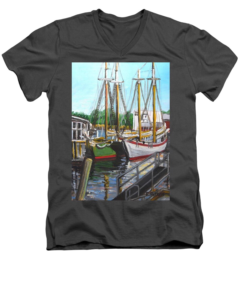 Schooner Men's V-Neck T-Shirt featuring the painting Schooners By The Dock by Eileen Patten Oliver