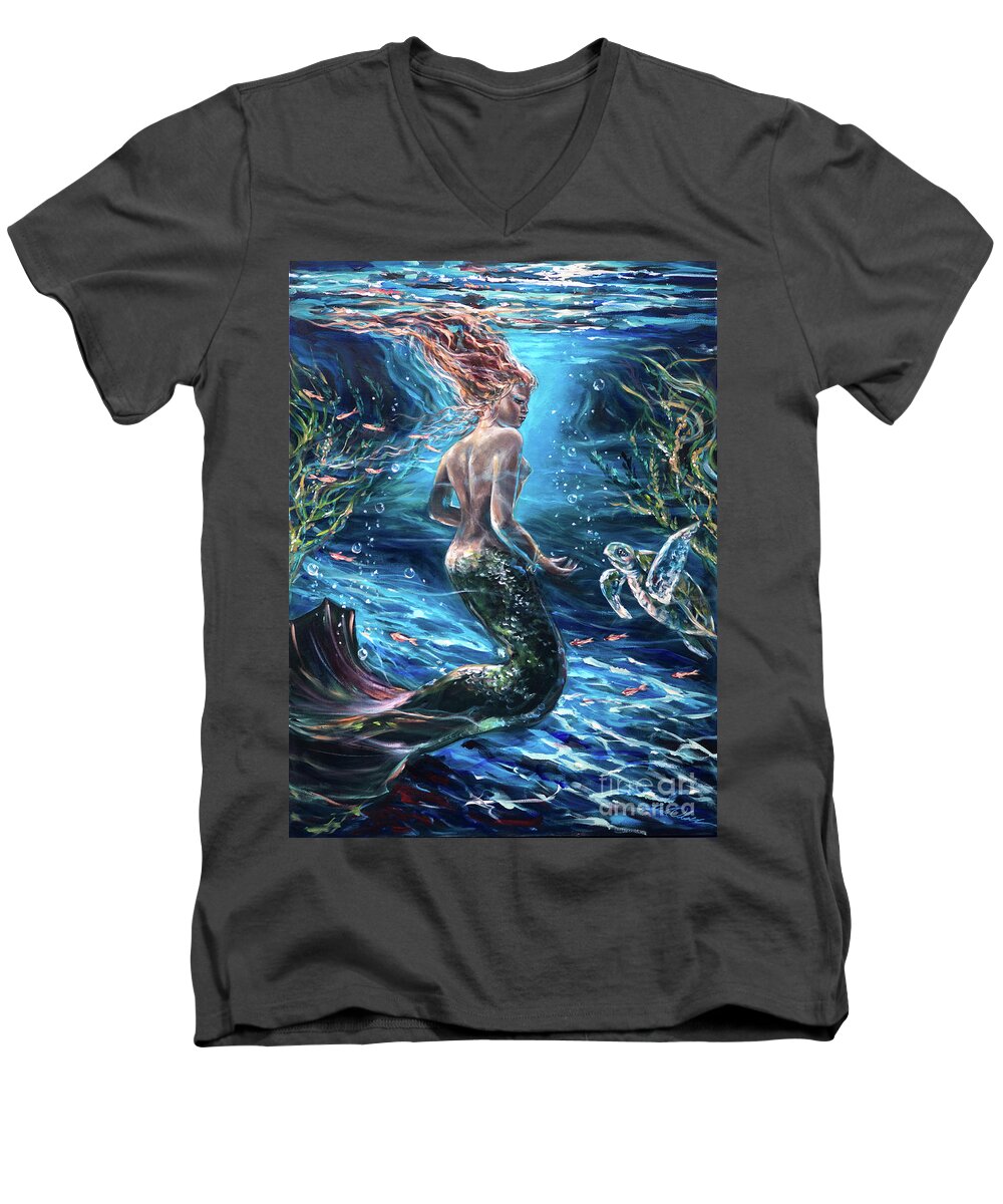 Mermaid Men's V-Neck T-Shirt featuring the painting Silent Conversation by Linda Olsen