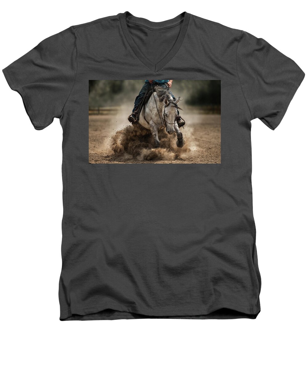 Horses Men's V-Neck T-Shirt featuring the photograph Sliding Stop by Ryan Courson