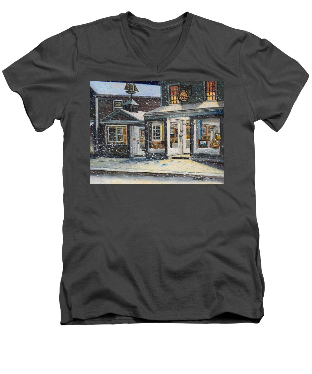 Snow Men's V-Neck T-Shirt featuring the painting Snowy Evening At The Gallery by Eileen Patten Oliver