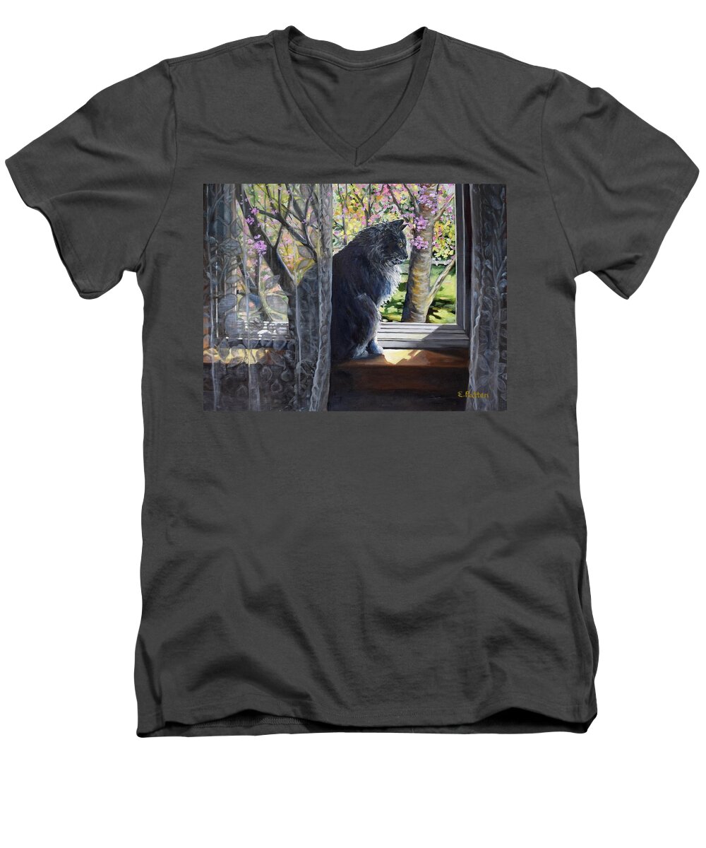 Cat Men's V-Neck T-Shirt featuring the painting Soaking Up The Spring Sun by Eileen Patten Oliver