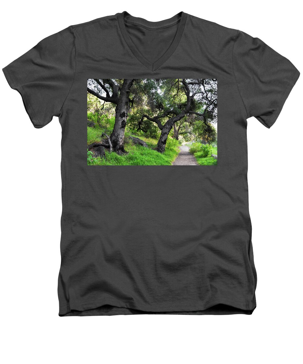 Solstice Canyon Men's V-Neck T-Shirt featuring the photograph Solstice Canyon Live Oak Trail by Kyle Hanson