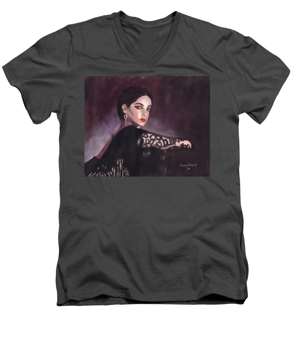 Girl Men's V-Neck T-Shirt featuring the drawing Spanish Dancer by Quwatha Valentine