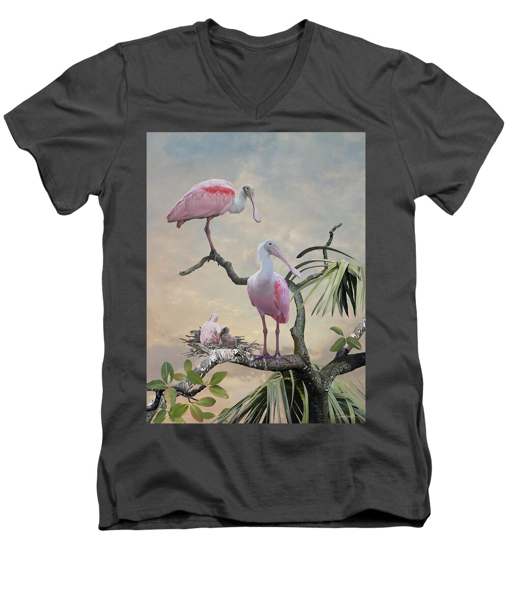 Birds Men's V-Neck T-Shirt featuring the digital art Spoonbills of Florida by M Spadecaller