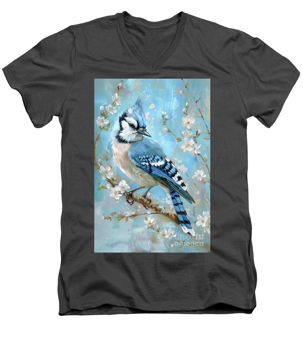 Blue Jay Men's V-Neck T-Shirt featuring the painting Spring Blue Jay by Tina LeCour